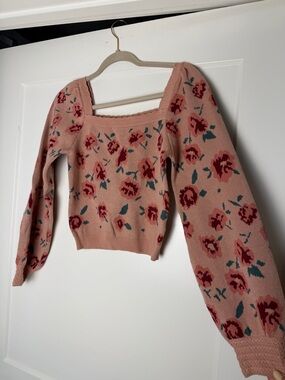 Willow & Wind Women’s Small Pink Floral Square-Neck Knit Sweater